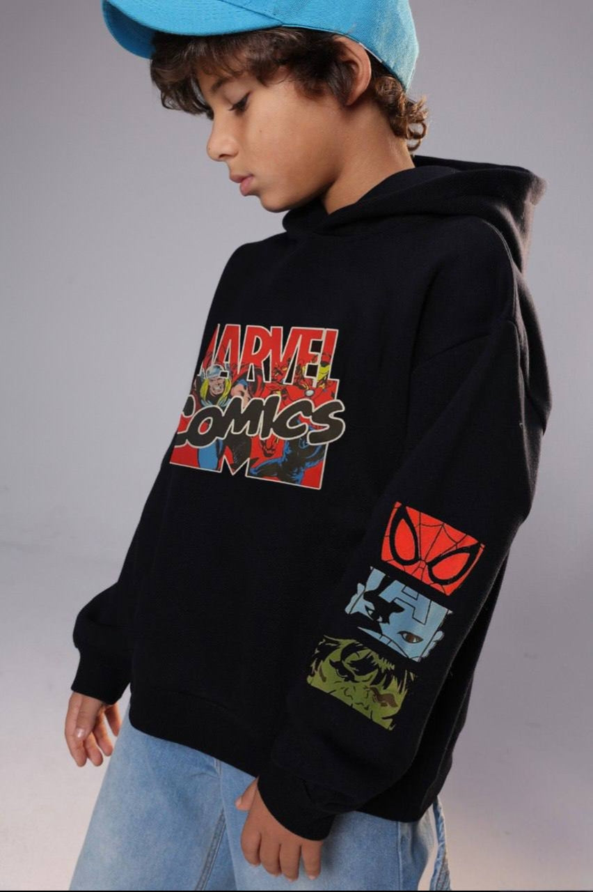 Boys’ Marvel Comics Graphic Hoodie – Black Pullover Sweatshirt with Character Sleeve Prints