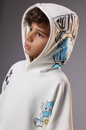 Boys’ Sonic Graphic Hoodie – White Pullover Sweatshirt with Character Prints