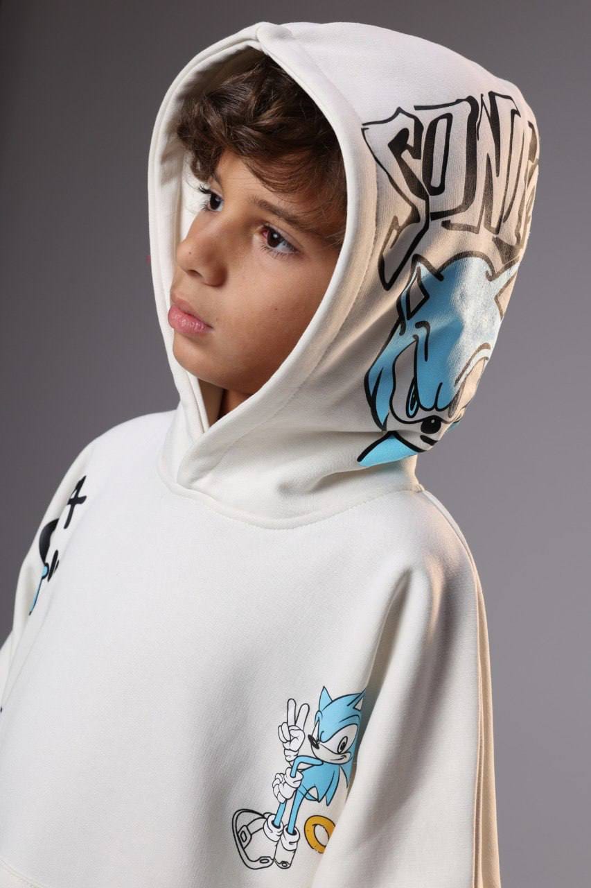 Boys’ Sonic Graphic Hoodie – White Pullover Sweatshirt with Character Prints
