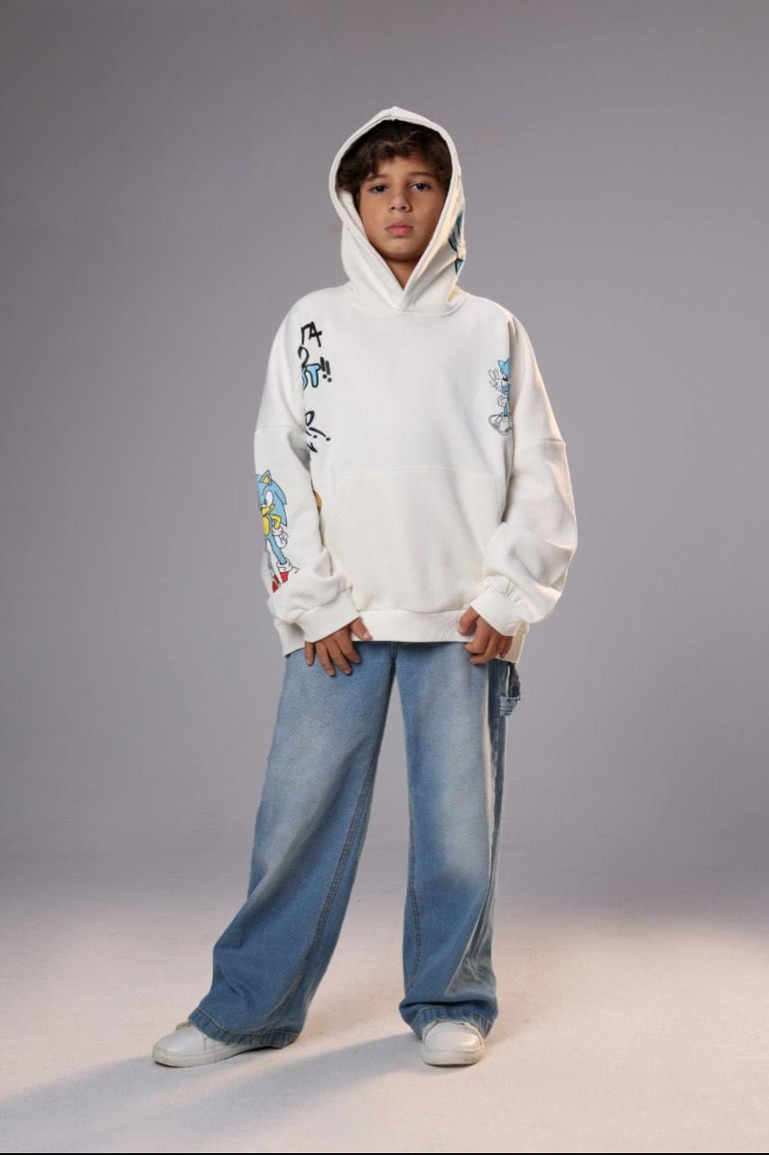 Boys’ Sonic Graphic Hoodie – White Pullover Sweatshirt with Character Prints