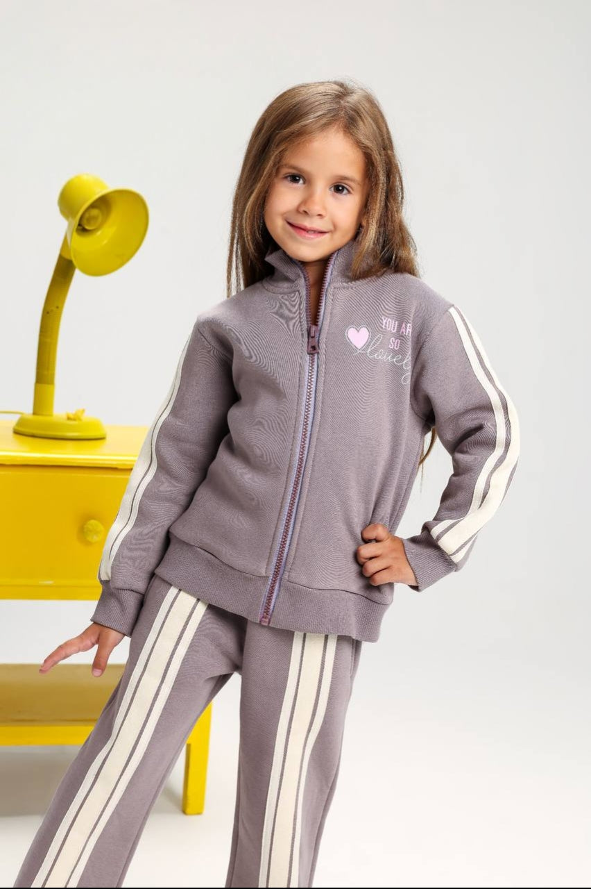 Girls’ Mauve Tracksuit Set – Zip-Up Jacket & Wide-Leg Pants with Striped Details