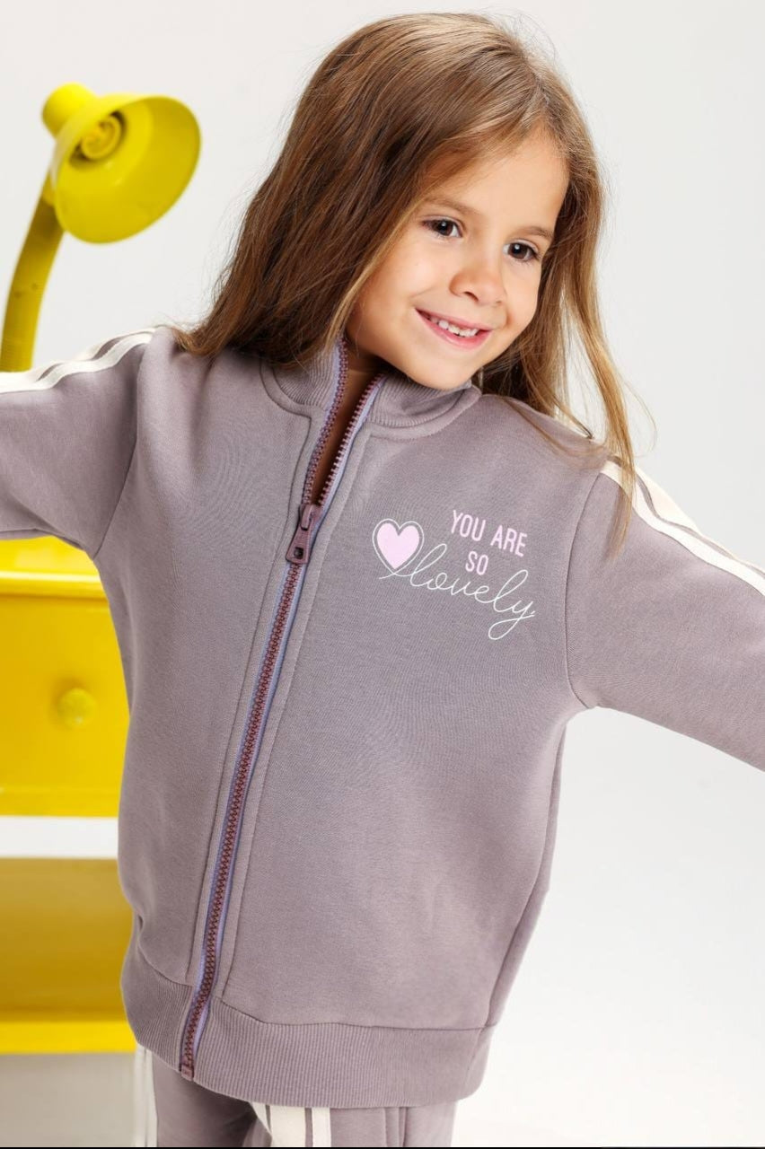 Girls’ Mauve Tracksuit Set – Zip-Up Jacket & Wide-Leg Pants with Striped Details