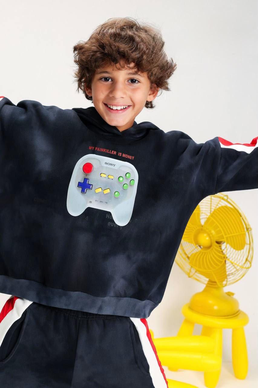 Boys’ Gaming Graphic Tracksuit Set – Black Hoodie & Pants with Red and White Side Stripes
