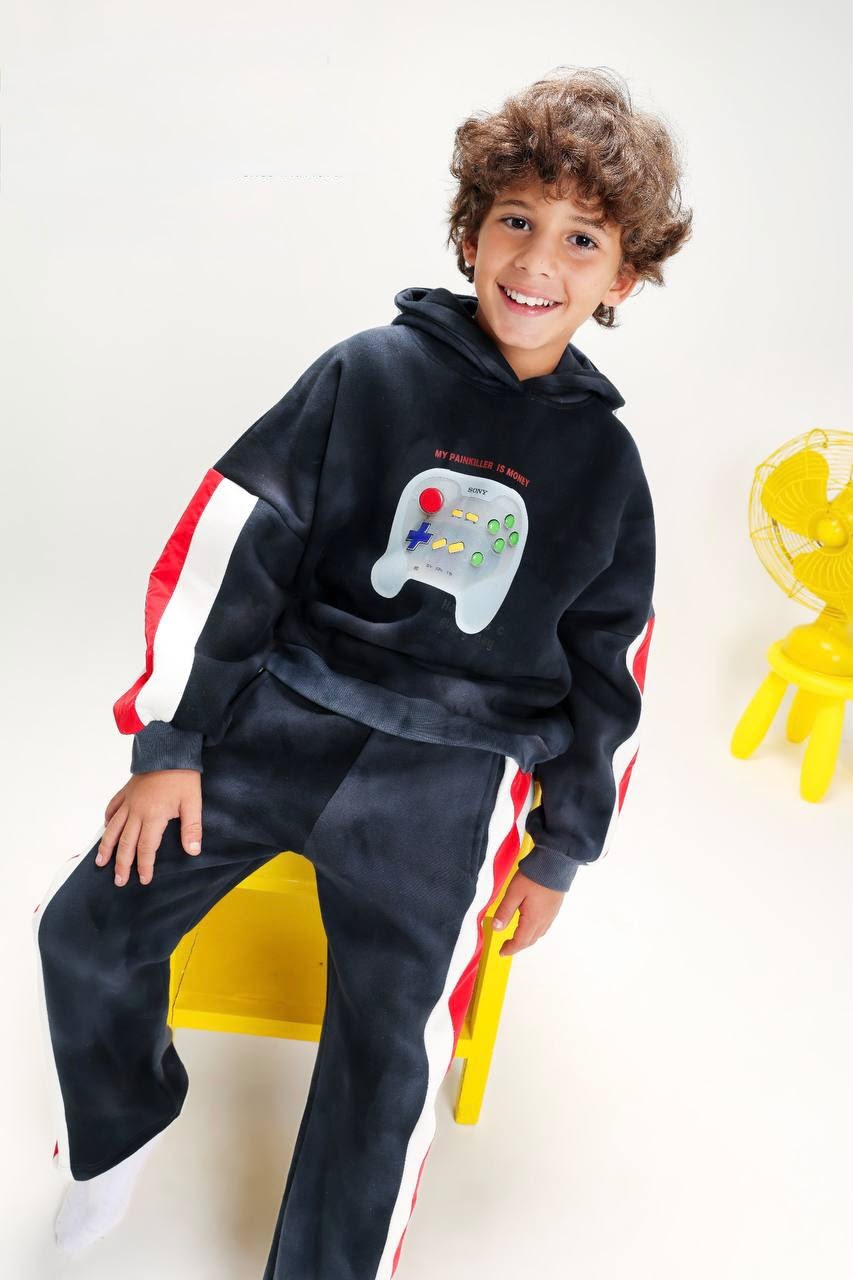 Boys’ Gaming Graphic Tracksuit Set – Black Hoodie & Pants with Red and White Side Stripes