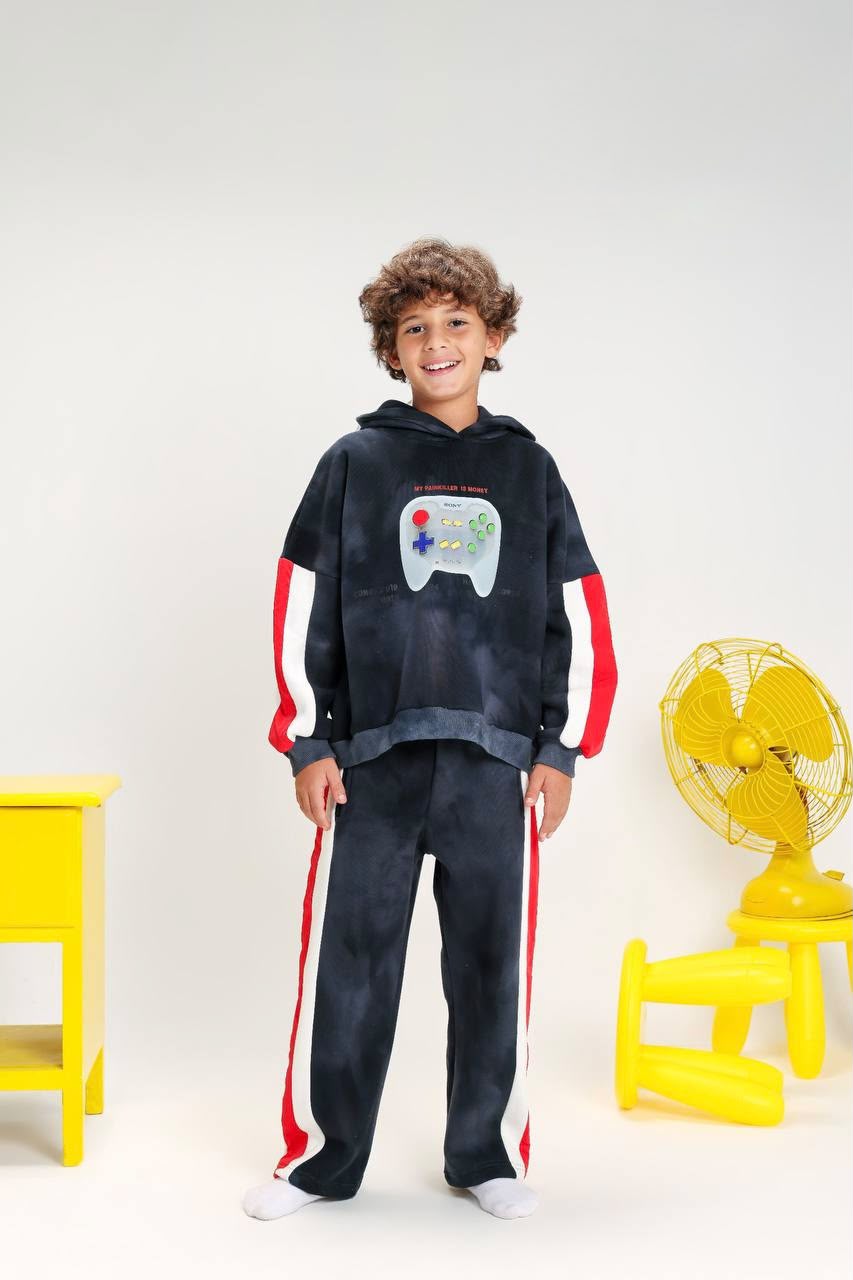 Boys’ Gaming Graphic Tracksuit Set – Black Hoodie & Pants with Red and White Side Stripes