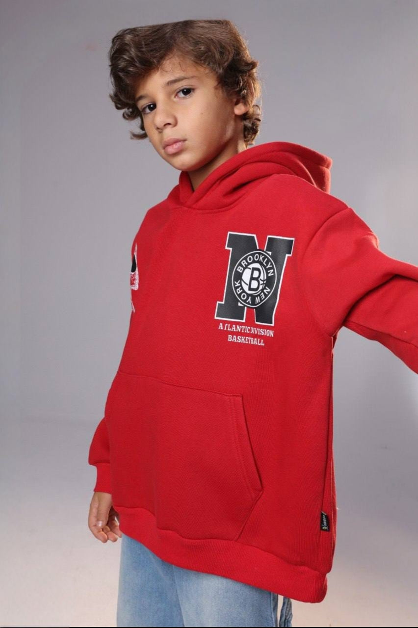 Boys’ Red Brooklyn Basketball Hoodie – Graphic Pullover Sweatshirt with Front Pocket