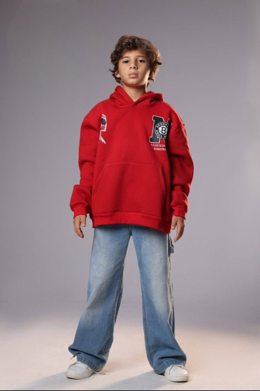 Boys’ Red Brooklyn Basketball Hoodie – Graphic Pullover Sweatshirt with Front Pocket