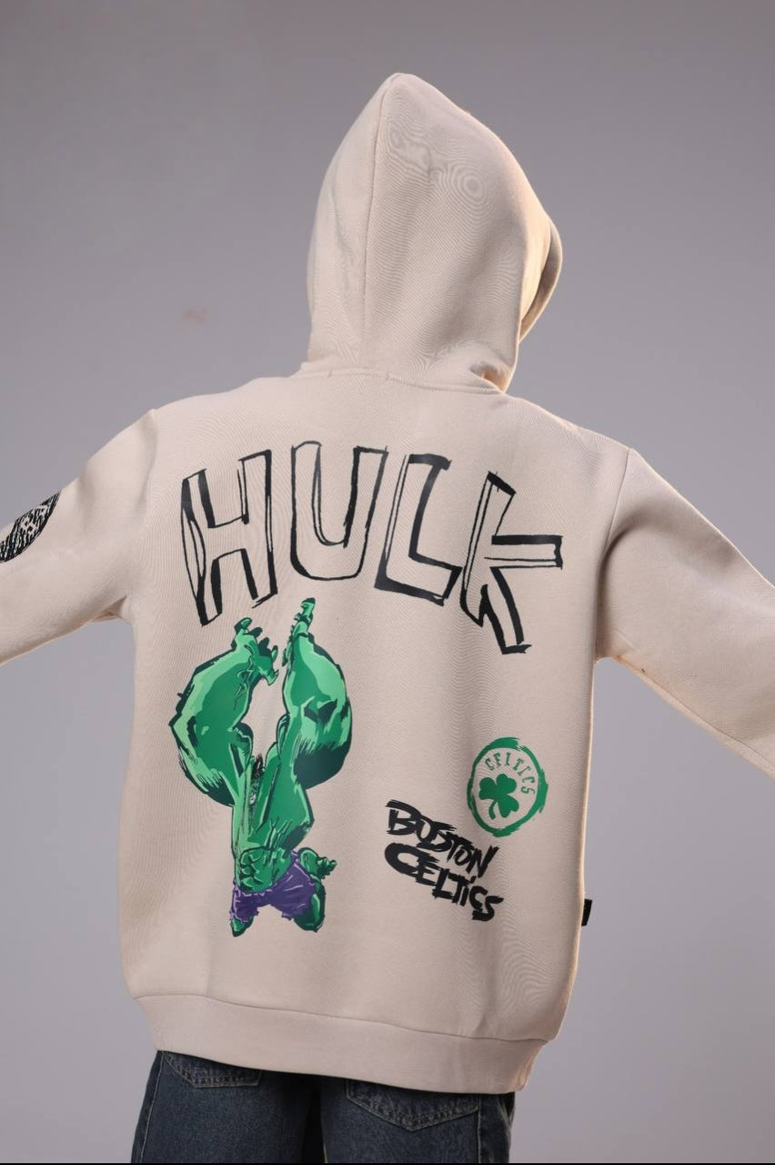 Boys’ Cream Marvel Hulk & Boston Celtics Graphic Hoodie – Basketball Pullover Sweatshirt