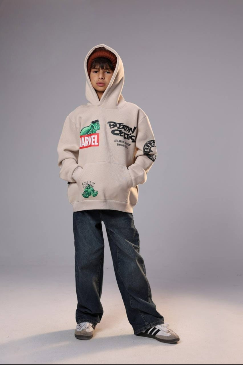Boys’ Cream Marvel Hulk & Boston Celtics Graphic Hoodie – Basketball Pullover Sweatshirt