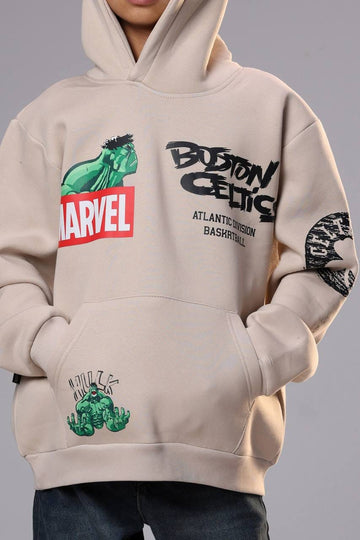 Boys’ Cream Marvel Hulk & Boston Celtics Graphic Hoodie – Basketball Pullover Sweatshirt