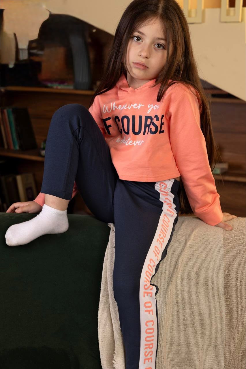 Girls’ Coral Hoodie & Navy Jogger Set – “Course” Graphic Casual Outfit