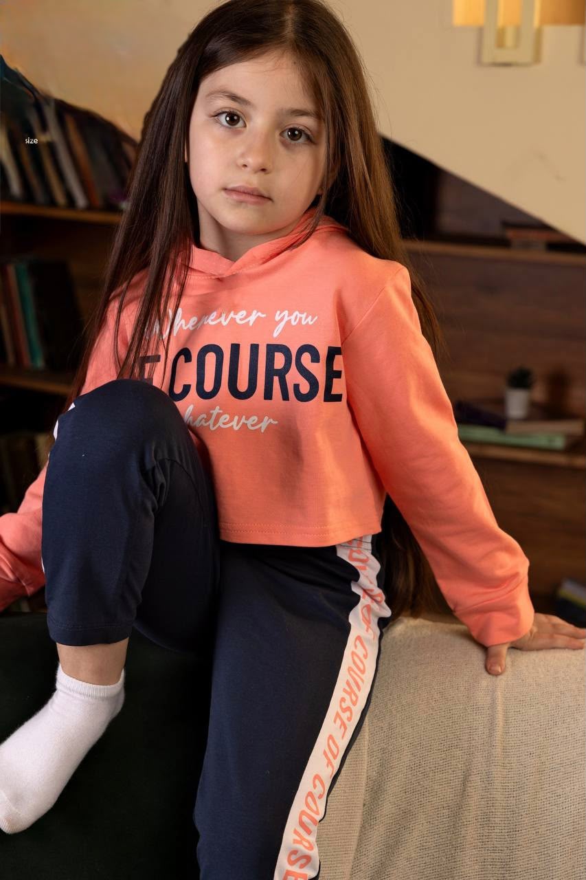 Girls’ Coral Hoodie & Navy Jogger Set – “Course” Graphic Casual Outfit