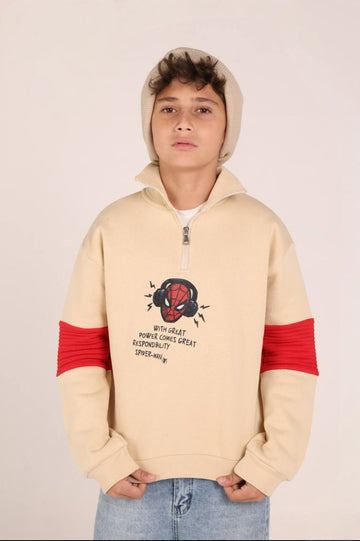 Boys’ Spider-Man Graphic Half-Zip Sweatshirt – Beige & Red Pullover Hoodie