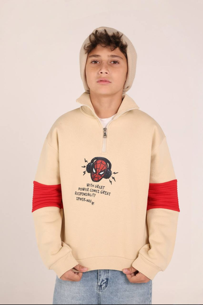Boys’ Spider-Man Graphic Half-Zip Sweatshirt – Beige & Red Pullover Hoodie