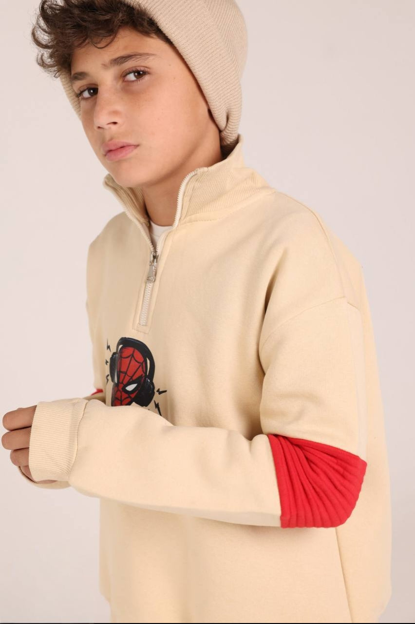 Boys’ Spider-Man Graphic Half-Zip Sweatshirt – Beige & Red Pullover Hoodie