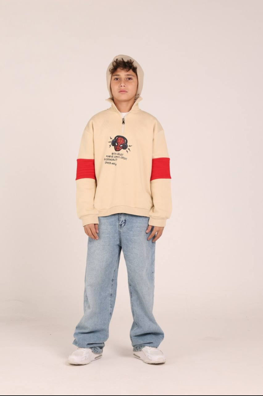 Boys’ Spider-Man Graphic Half-Zip Sweatshirt – Beige & Red Pullover Hoodie