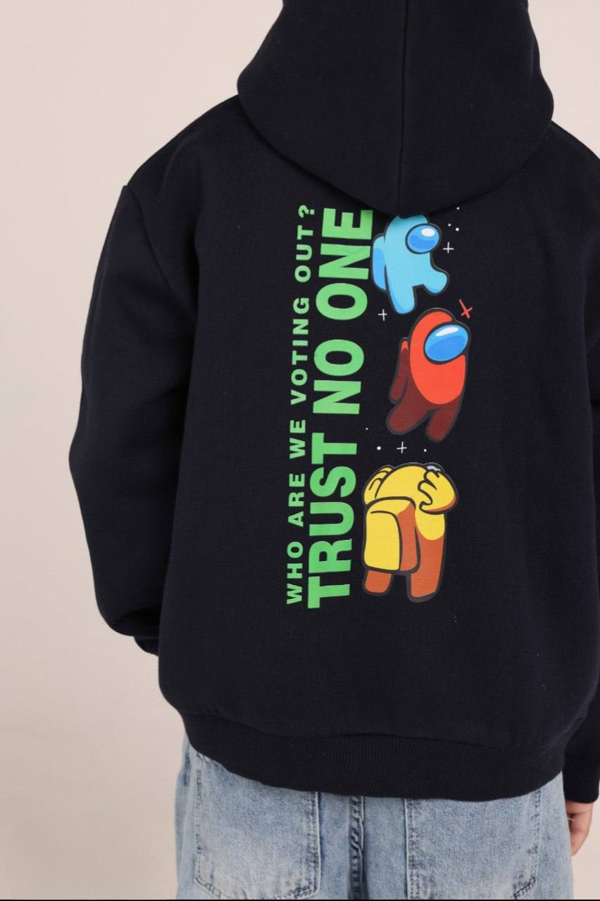 Boys’ Black Graphic Hoodie – Colorful Cartoon Character Print & Casual Streetwear Design