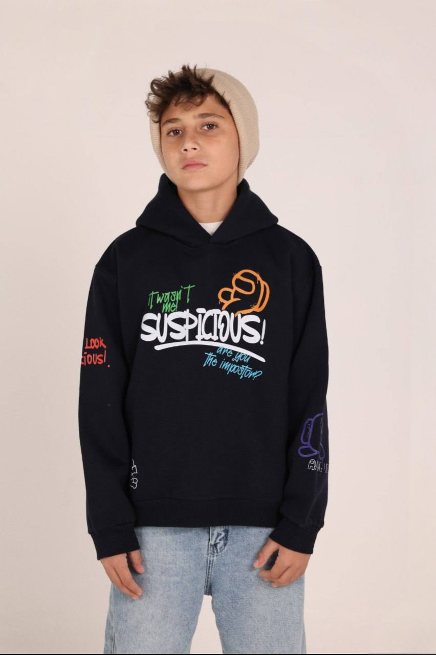 Boys’ Black Graphic Hoodie – Colorful Cartoon Character Print & Casual Streetwear Design