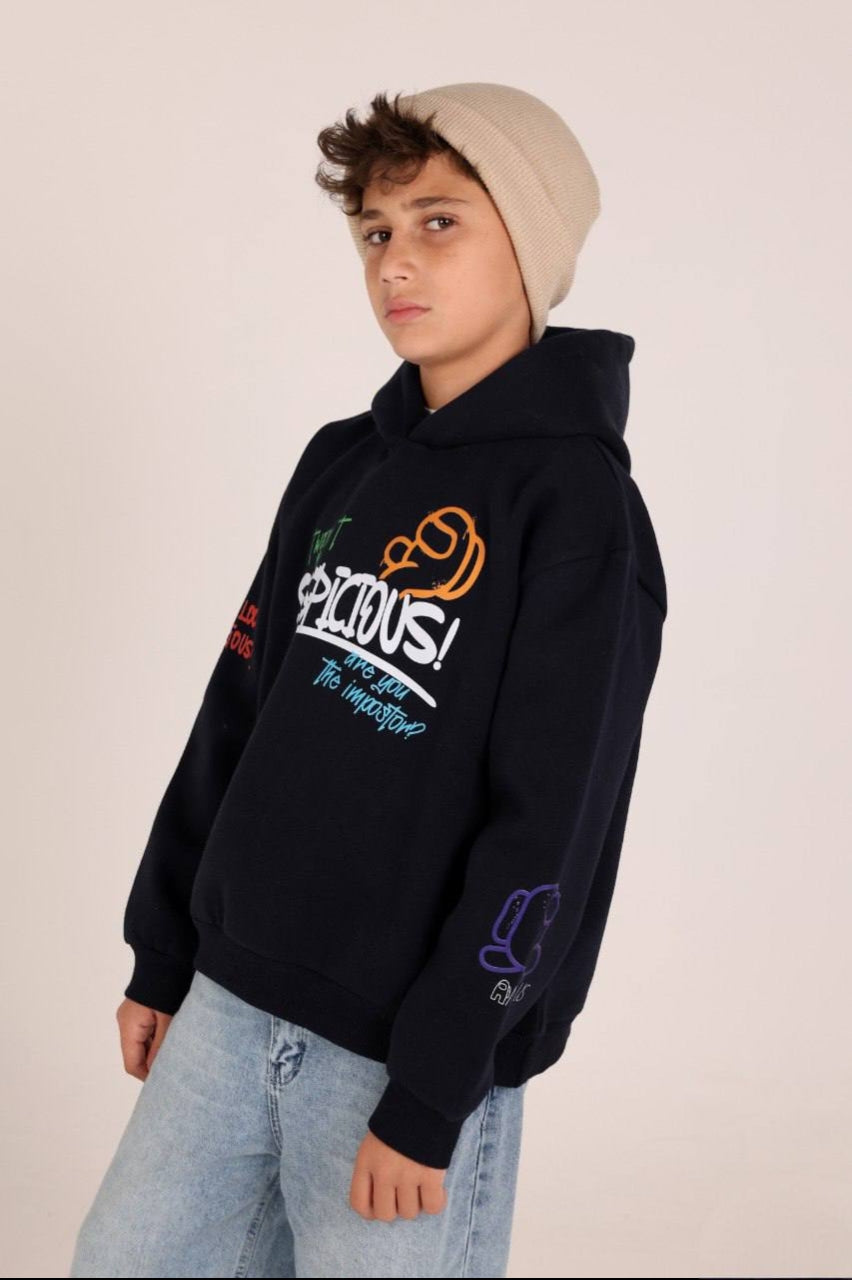 Boys’ Black Graphic Hoodie – Colorful Cartoon Character Print & Casual Streetwear Design