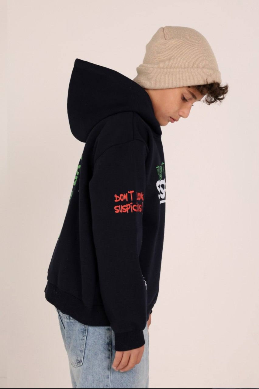 Boys’ Black Graphic Hoodie – Colorful Cartoon Character Print & Casual Streetwear Design