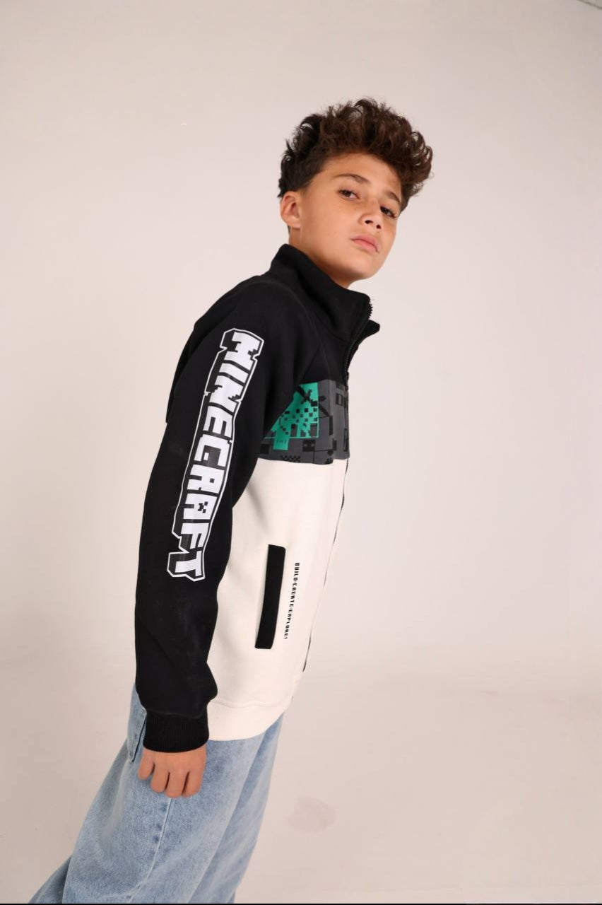 Boys’ Minecraft Zip-Up Jacket – Black & White Color-Block Jacket with Pixel Graphic Details