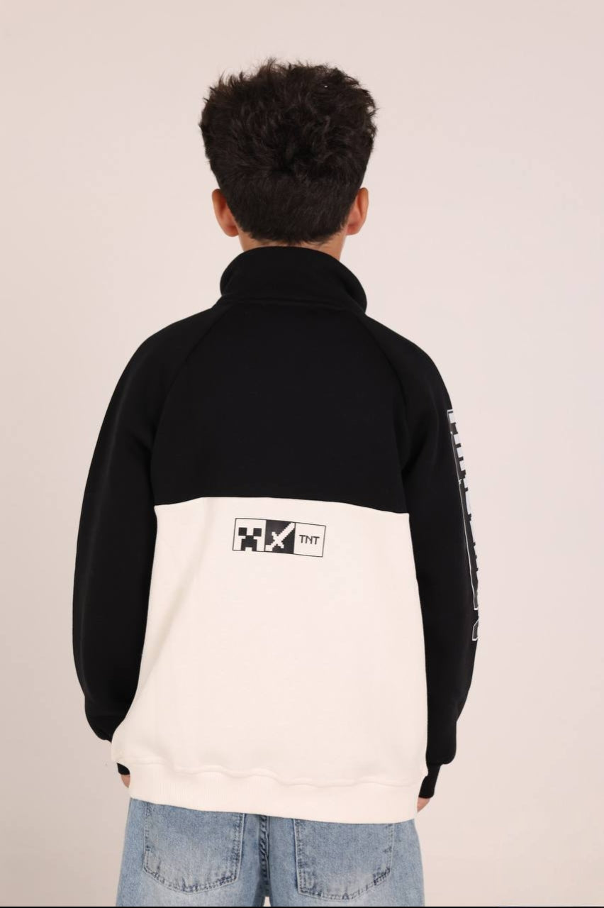 Boys’ Minecraft Zip-Up Jacket – Black & White Color-Block Jacket with Pixel Graphic Details