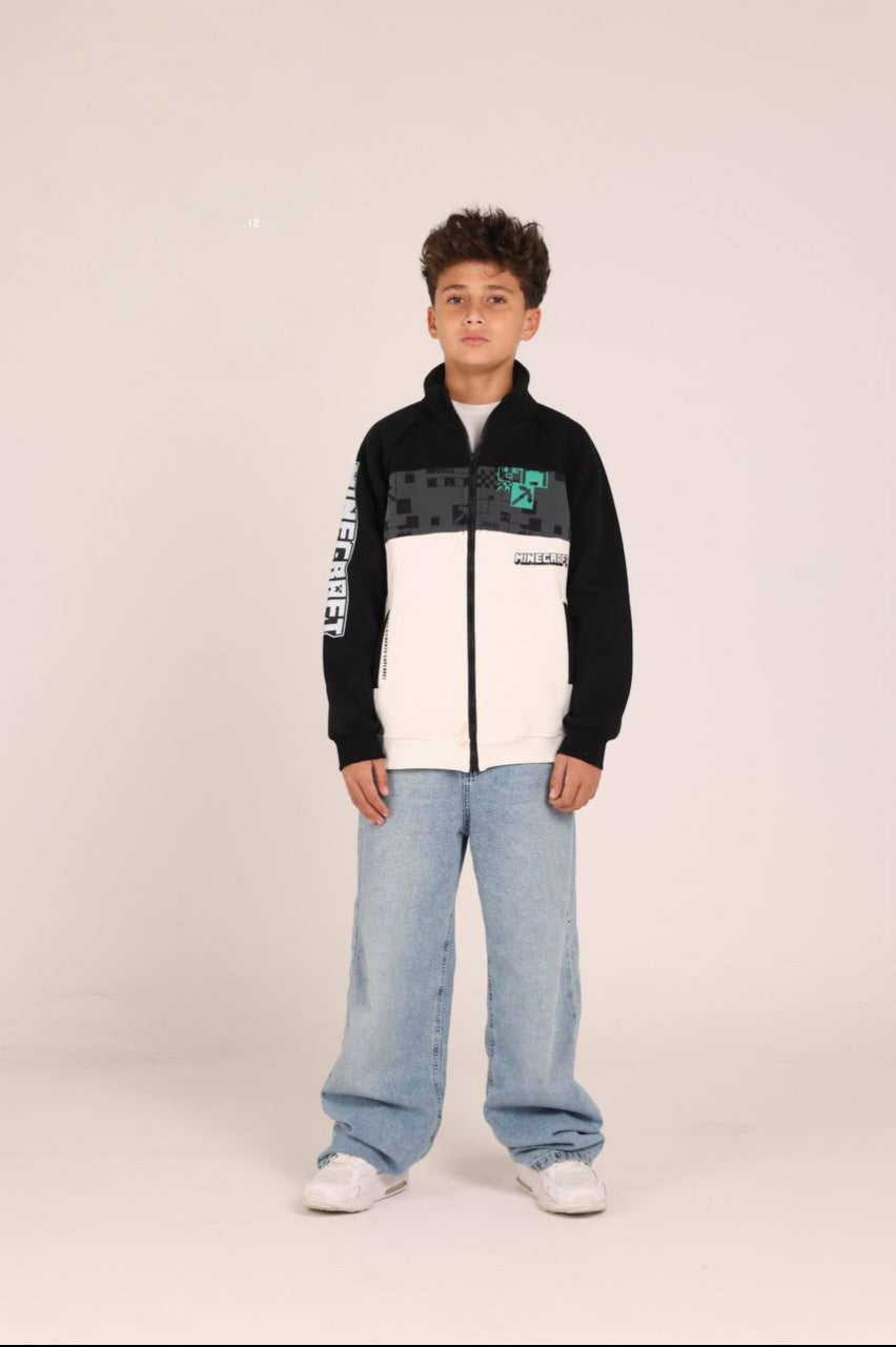 Boys’ Minecraft Zip-Up Jacket – Black & White Color-Block Jacket with Pixel Graphic Details