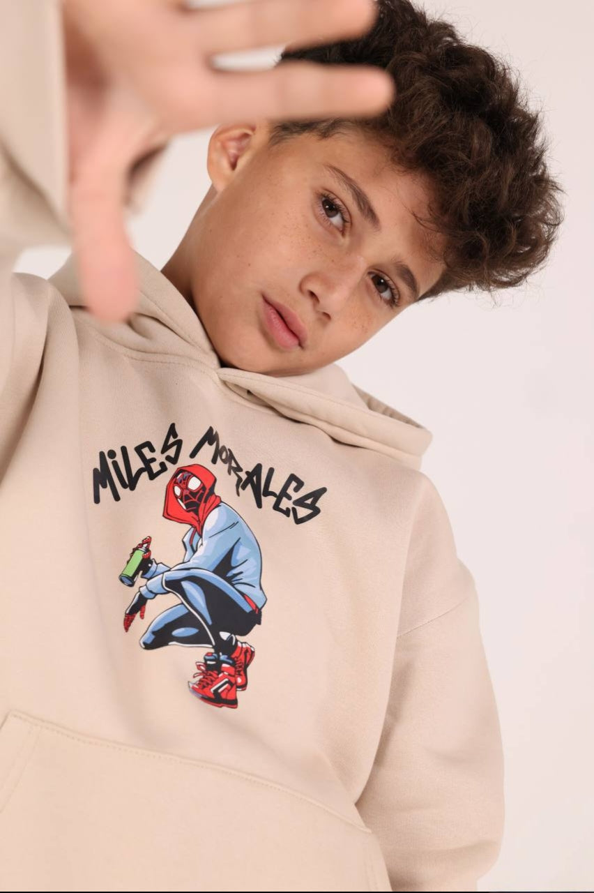 Boys’ Spider-Man Graphic Hoodie – Beige Pullover Sweatshirt with Front & Back Prints