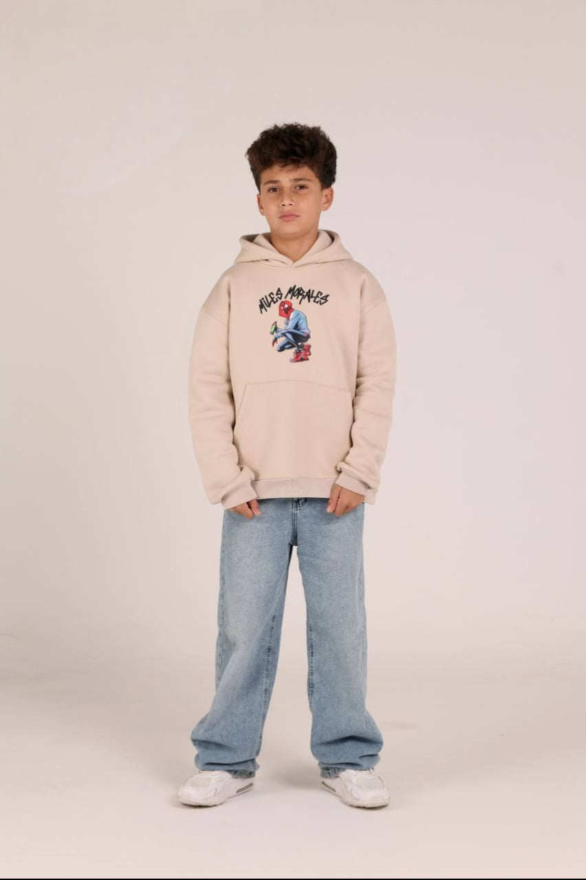 Boys’ Spider-Man Graphic Hoodie – Beige Pullover Sweatshirt with Front & Back Prints