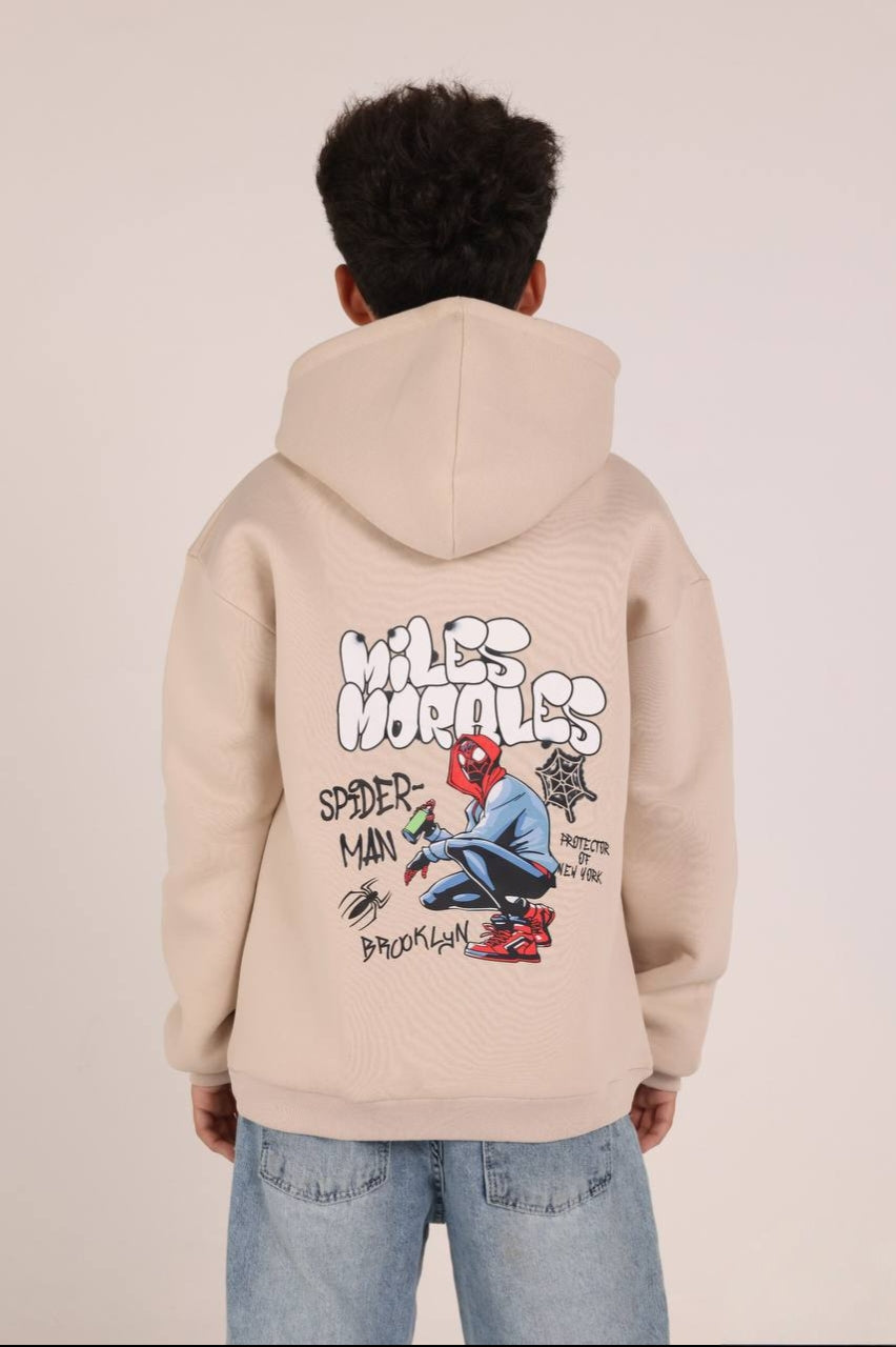Boys’ Spider-Man Graphic Hoodie – Beige Pullover Sweatshirt with Front & Back Prints