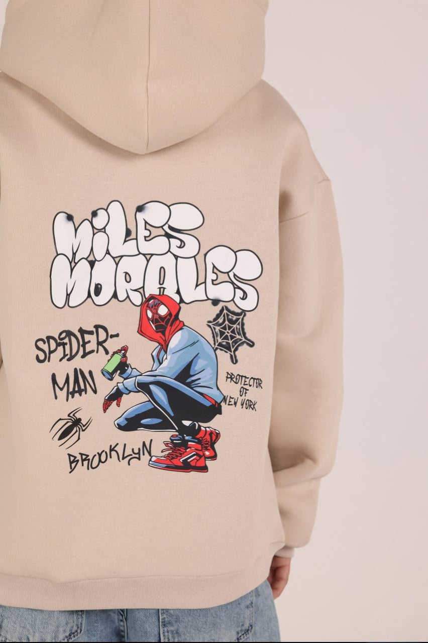 Boys’ Spider-Man Graphic Hoodie – Beige Pullover Sweatshirt with Front & Back Prints