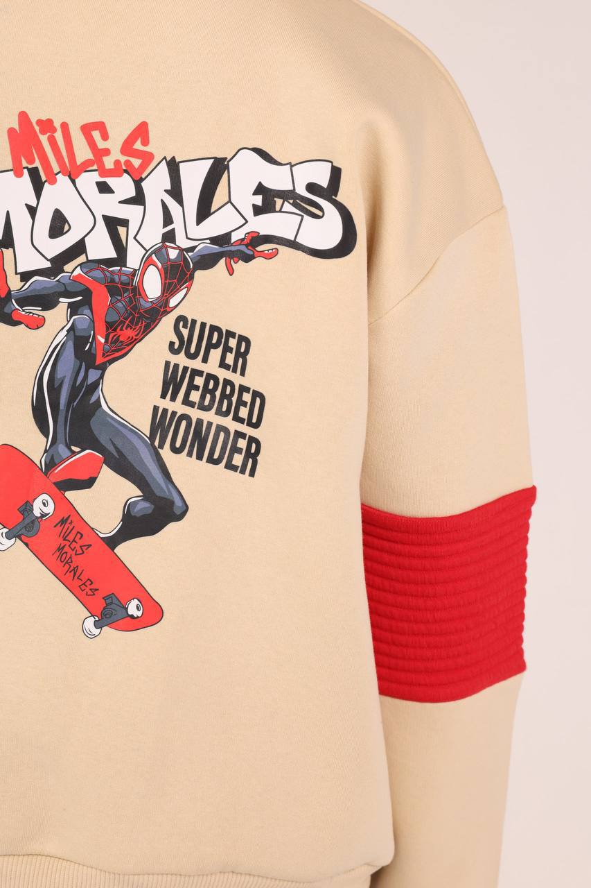Boys’ Spider-Man Graphic Half-Zip Sweatshirt – Beige & Red Pullover Hoodie