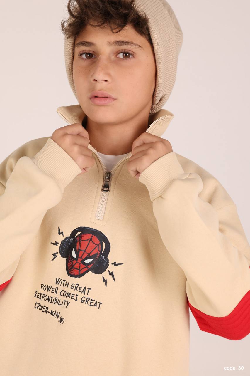 Boys’ Spider-Man Graphic Half-Zip Sweatshirt – Beige & Red Pullover Hoodie