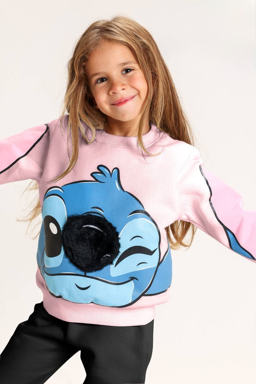 Girls’ Stitch Graphic Sweatshirt – Pink Long-Sleeve Casual Pullover
