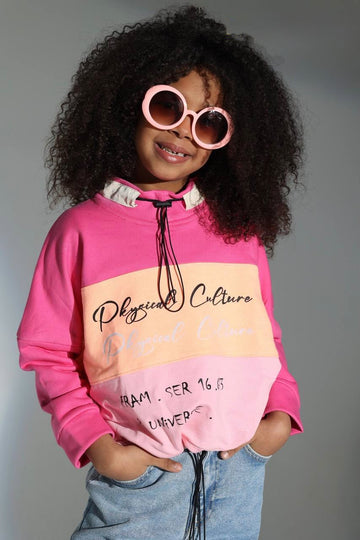 Girls’ Pink Graphic Hoodie – Color Block Long-Sleeve Casual Sweatshirt