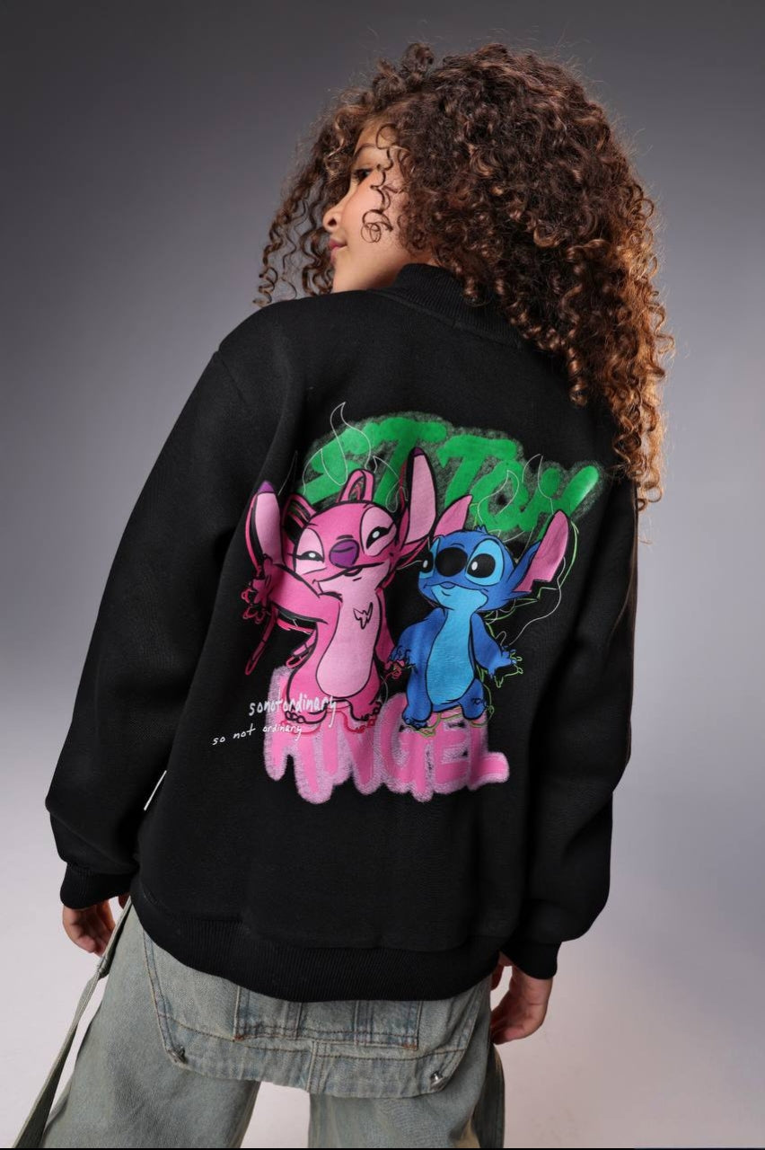 Girls’ Black Stitch Graphic Zip-Up Hoodie – Long-Sleeve Casual Sweatshirt