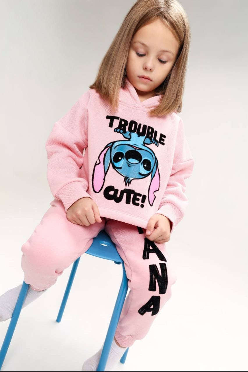 Girls’ Pink Stitch Hoodie & Jogger Set – Cute Graphic Casual Tracksuit