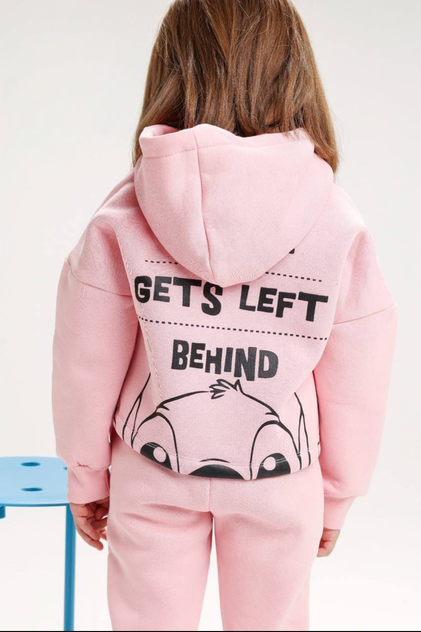 Girls’ Pink Stitch Hoodie & Jogger Set – Cute Graphic Casual Tracksuit