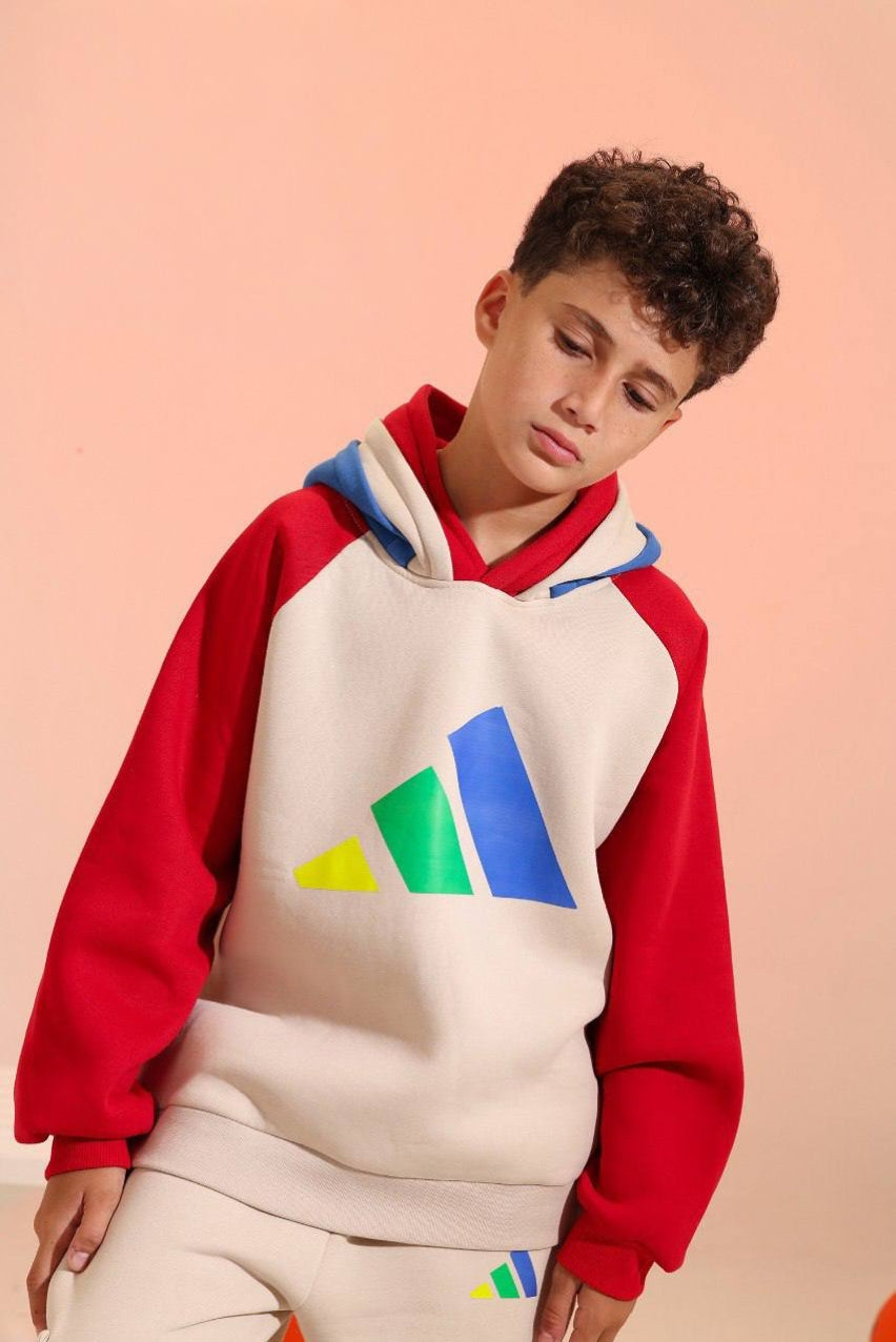 Boys’ Beige & Red Graphic Hoodie Set – Casual Sweatshirt & Cargo Jogger Outfit