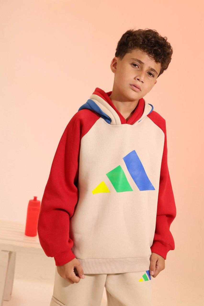 Boys’ Beige & Red Graphic Hoodie Set – Casual Sweatshirt & Cargo Jogger Outfit