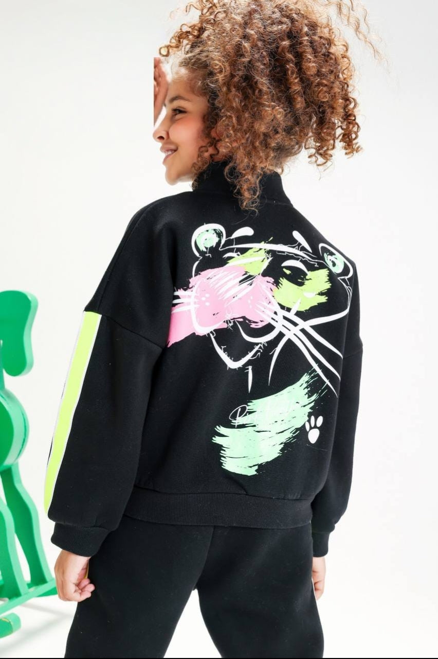 Girls’ Black Zip-Up Tracksuit Set – Graphic Jacket & Jogger Pants