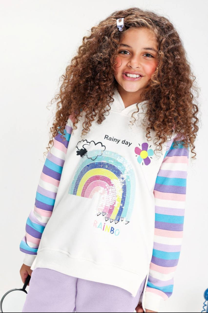 Girls’ Rainbow Graphic Hoodie & Jogger Set – Colorful Striped Sleeve Sweatshirt with Lilac Pants