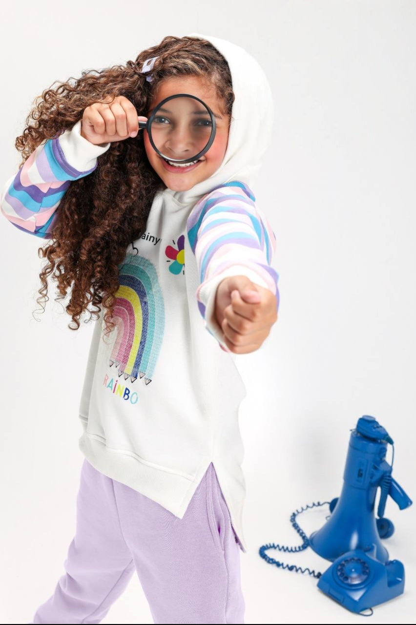 Girls’ Rainbow Graphic Hoodie & Jogger Set – Colorful Striped Sleeve Sweatshirt with Lilac Pants