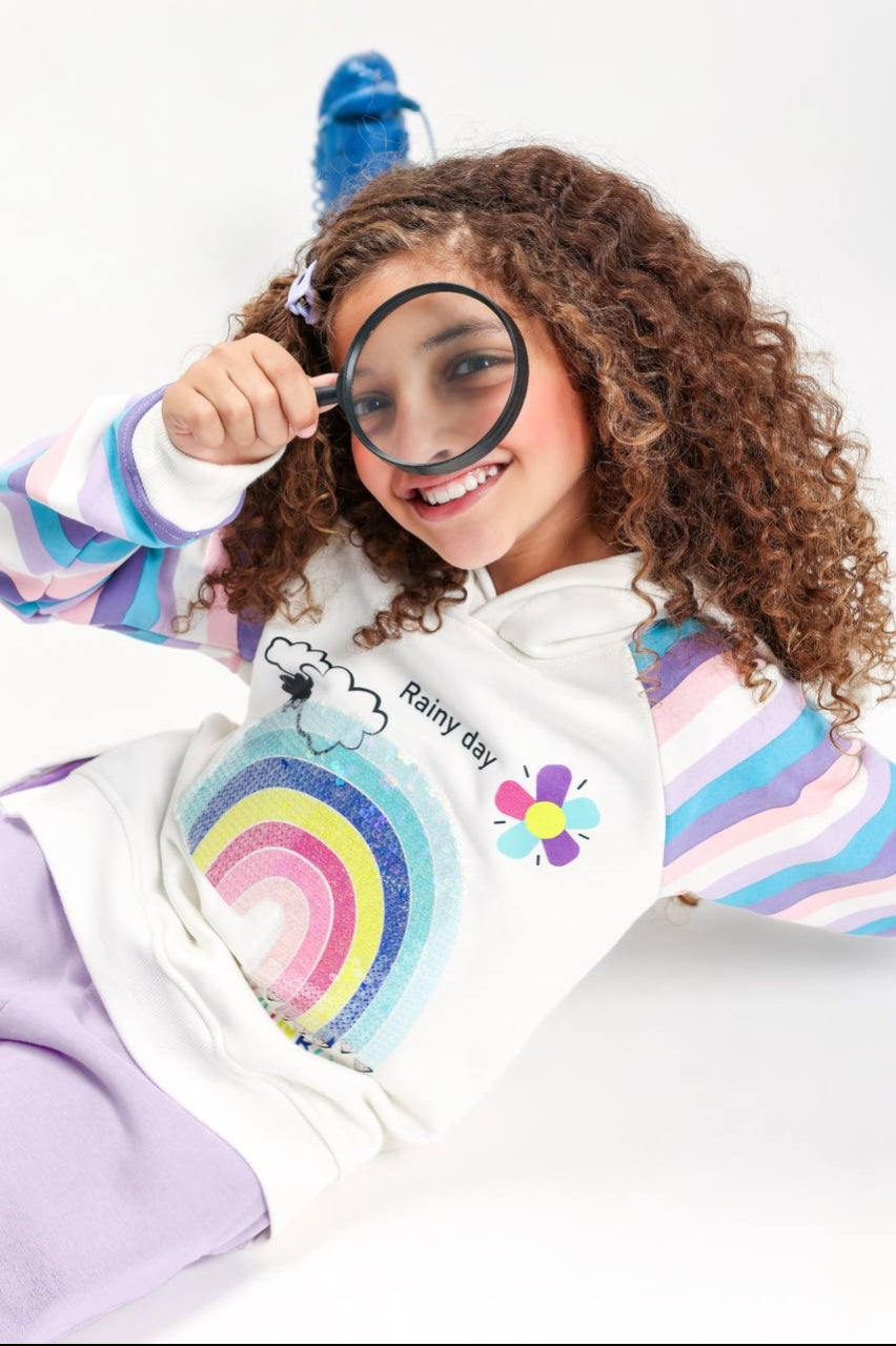 Girls’ Rainbow Graphic Hoodie & Jogger Set – Colorful Striped Sleeve Sweatshirt with Lilac Pants