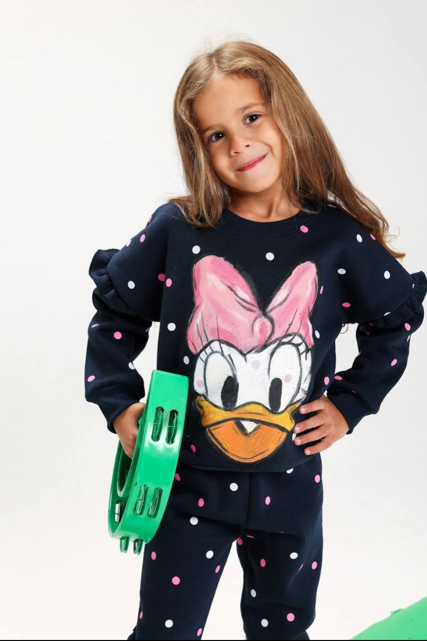 Girls’ Daisy Duck Sweatshirt & Jogger Pants Set – Polka Dot Casual Two-Piece Outfit