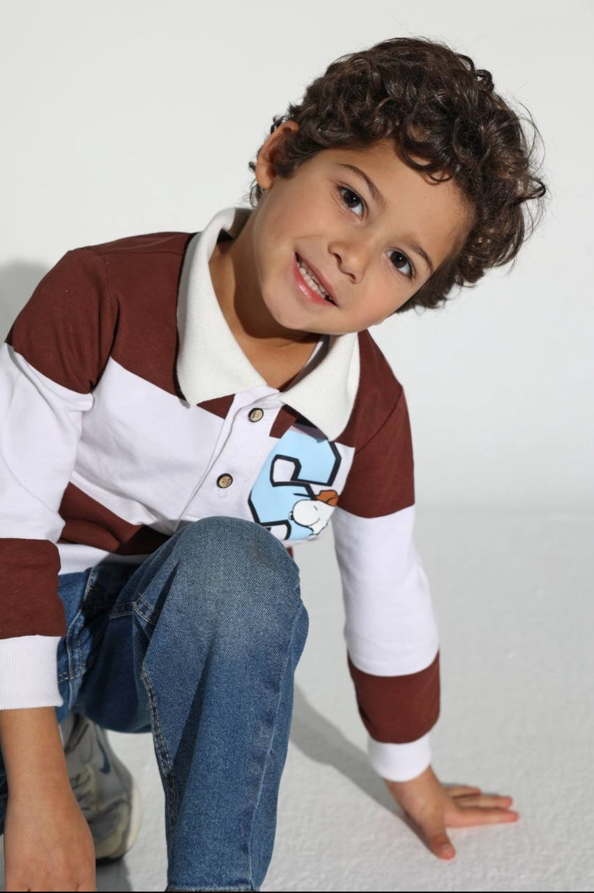 Boys’ Snoopy Rugby-Style Polo Shirt – Long-Sleeve Color Block Graphic Top