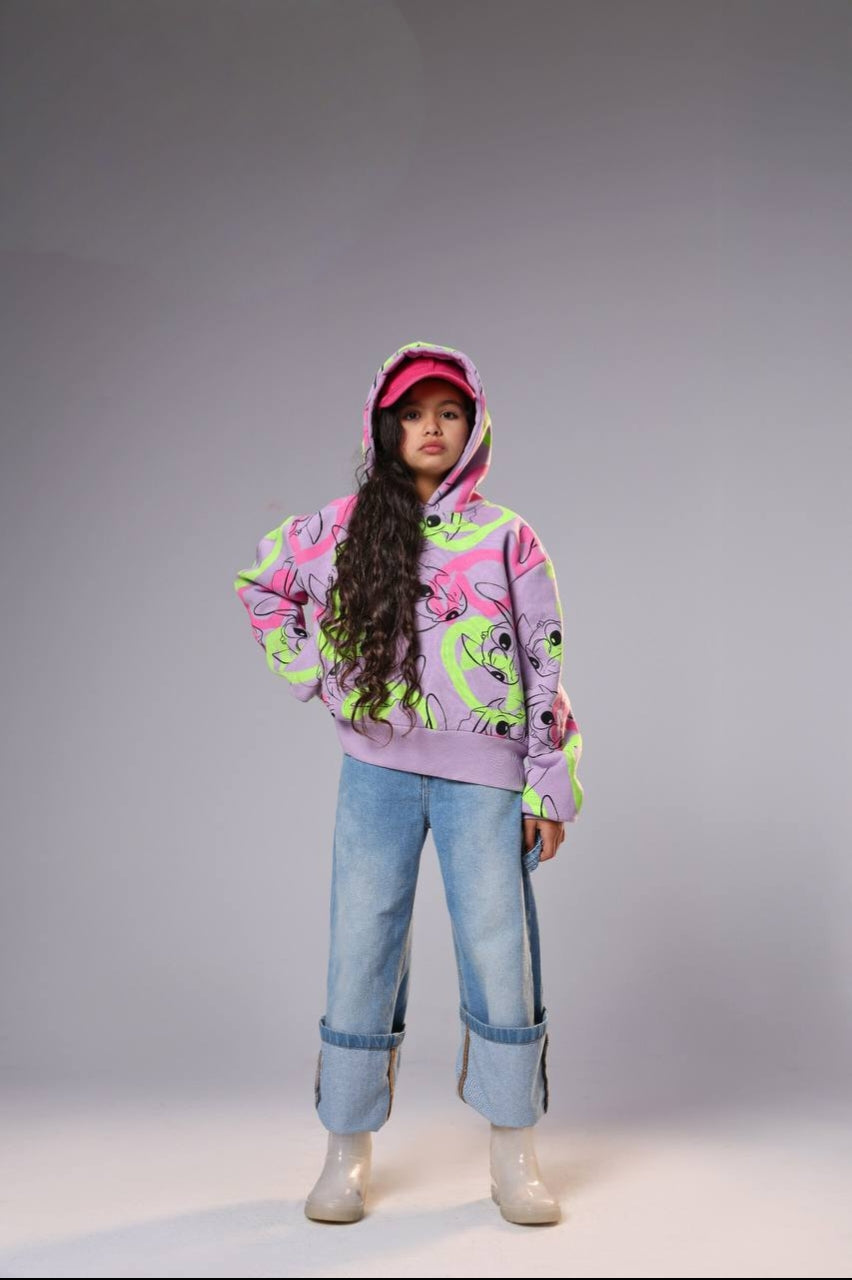 Girls’ Stitch Graphic Hoodie – Lavender Pullover with Colorful All-Over Print
