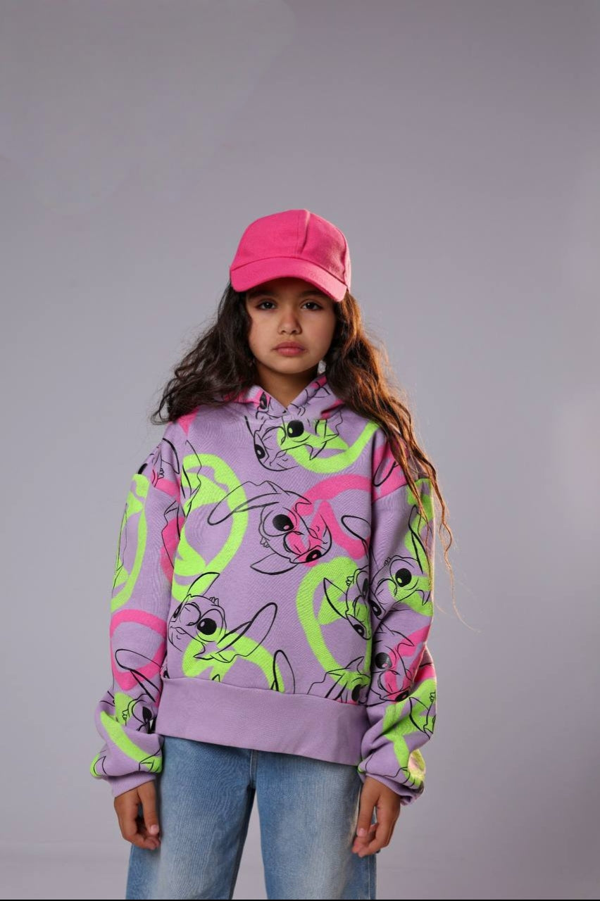 Girls’ Stitch Graphic Hoodie – Lavender Pullover with Colorful All-Over Print
