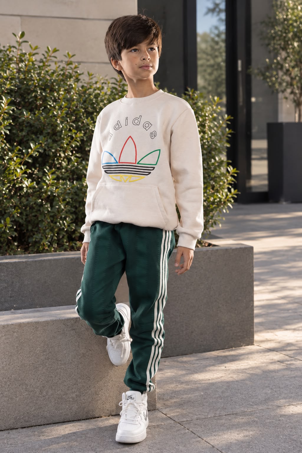 Boys’ Graphic Sweatshirt & Track Pants Set – Cream and Green Sporty Two-Piece Outfit