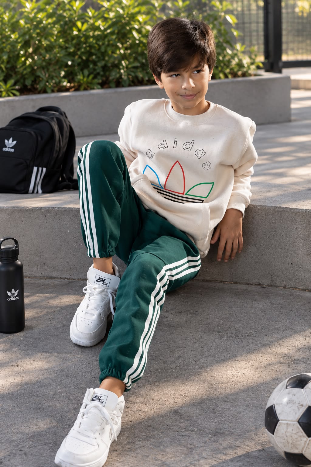 Boys’ Graphic Sweatshirt & Track Pants Set – Cream and Green Sporty Two-Piece Outfit